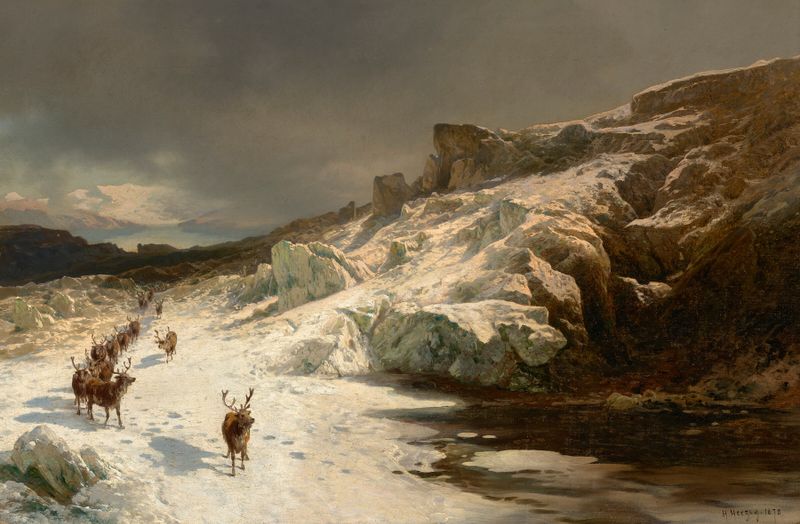 Caribu pastando em uma paisagem montanhosa, pintura a óleo de Hermann Herzog