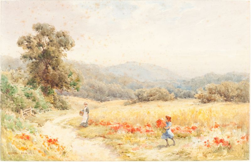 Landscape by Joseph Rubens Powell, oil painting depicting vibrant golden light and lush greenery.