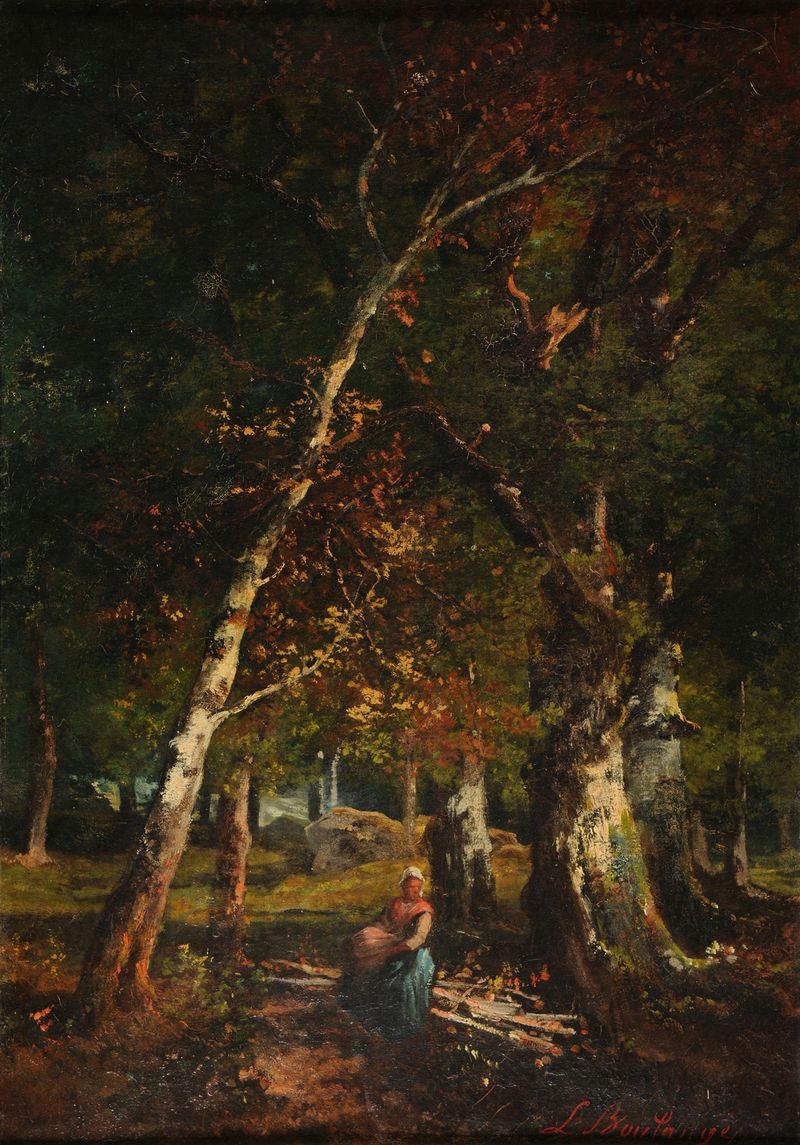 Paisagem florestal com luz filtrada, óleo sobre tela de Louis Boulange