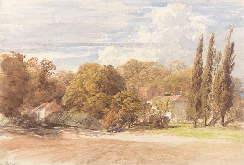 Kensington Gardens de Samuel Palmer, óleo sobre lienzo que representa una figura en un jardín al atardecer