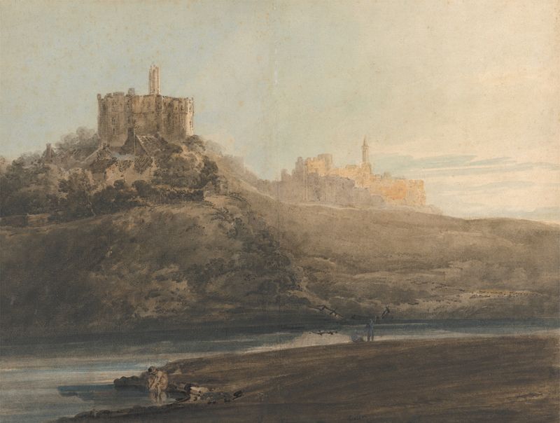 Warkworth Castle in watercolor by Thomas Girtin, showcasing ruins under soft light.