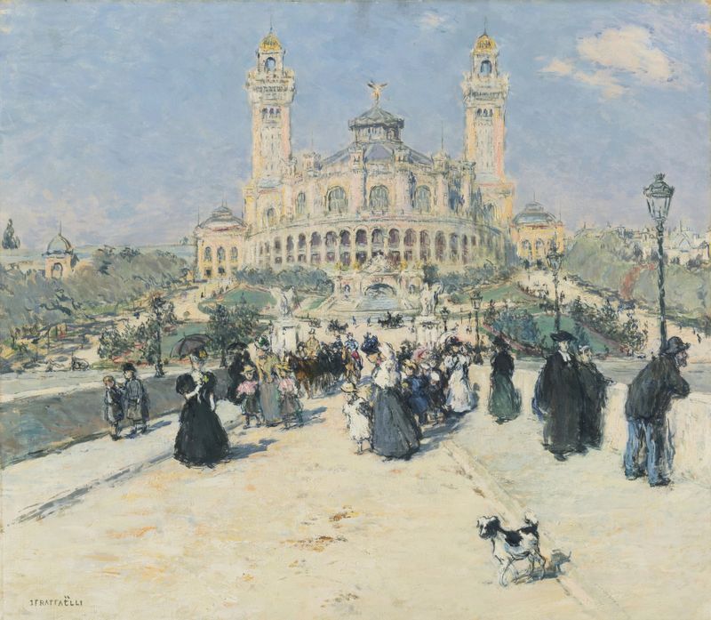 Figurative oil painting by Jean François Raffaëlli of a man on a bench at Trocadéro.