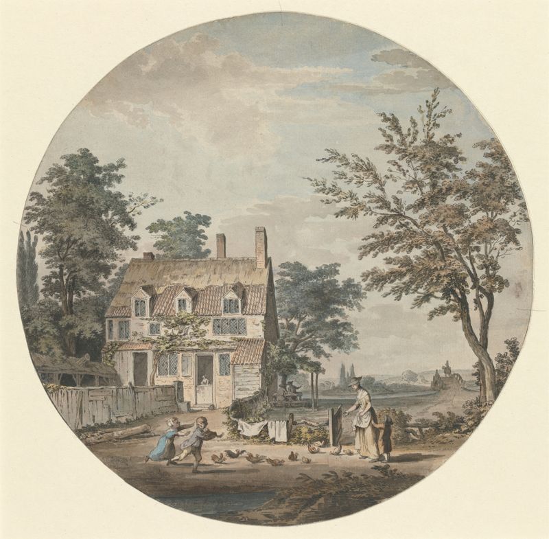 Watercolour by Samuel Hieronymus Grimm depicting a landscape with a cottage, bridge, and figures.