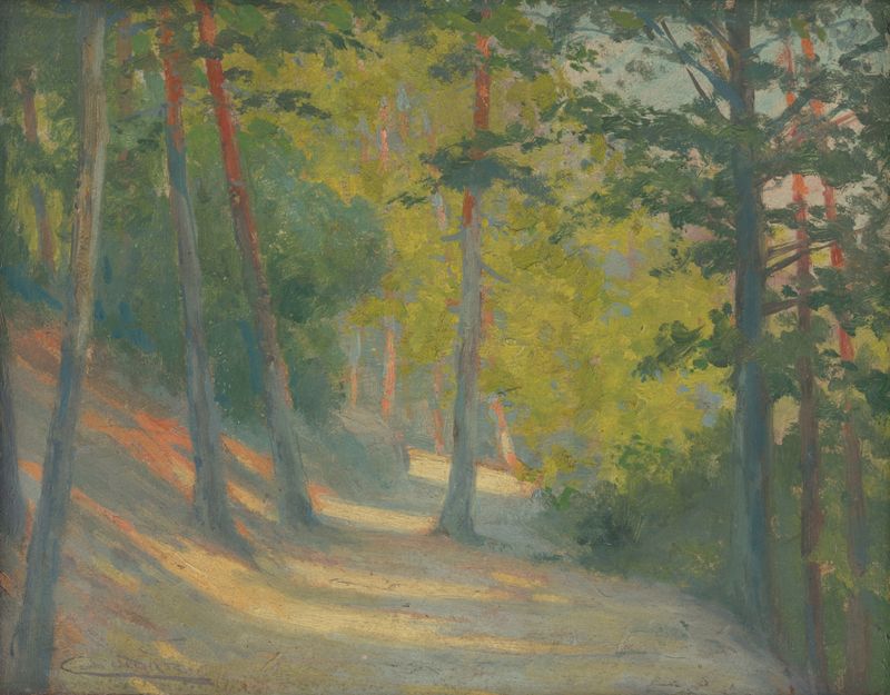 Road to Bankov by Ľudovít Čordák, oil on canvas depicting a winding road through lush greenery.