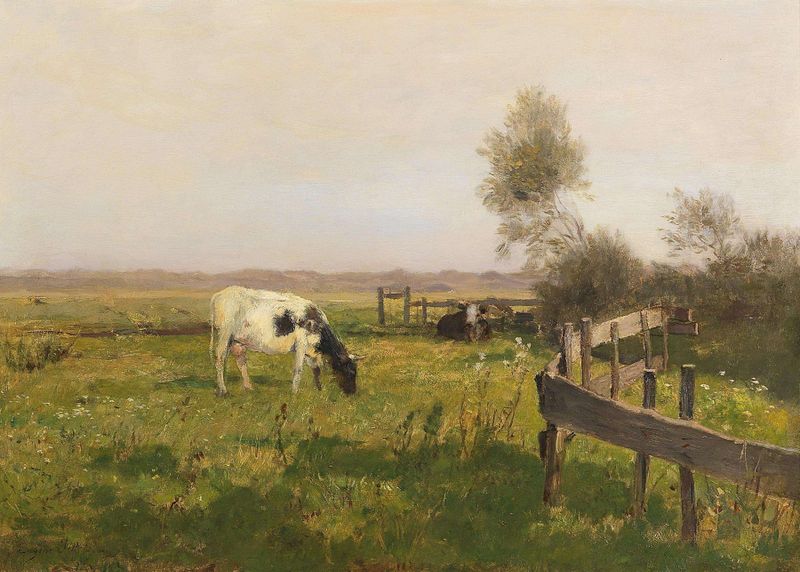 Vacas pastando en un prado iluminado por el sol, óleo de Eugen Jettel
