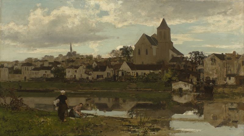 Landscape of View at Montigny-sur-Loing by Jacob Maris, oil on canvas showing a river and turbulent sky.