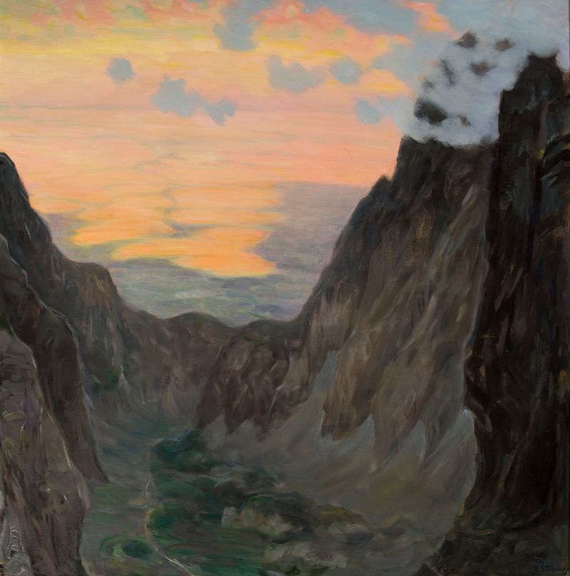 Misty Mountains by Kazimierz Stabrowski, landscape with mist and mountains, oil painting