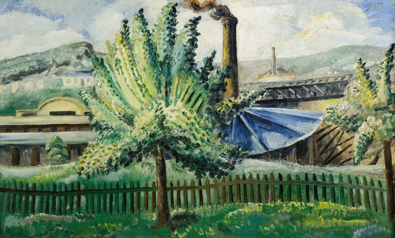 Güterbahnhof, Baumgarten vor Güterbahnhof de Paul Kleinschmidt, óleo sobre lienzo que muestra una estación de tren y natur...