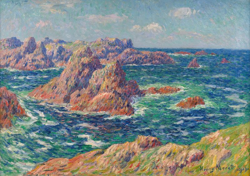 Rochers de Pern, oil on canvas by Henry Moret showing jagged rocks and ocean waves.