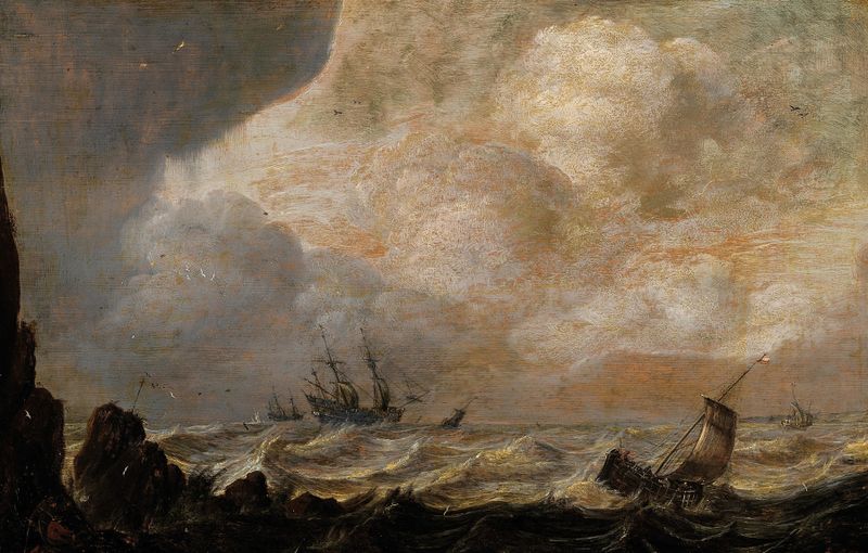 Ships near the coast on a rough sea by Pieter Mulier the Elder, oil painting