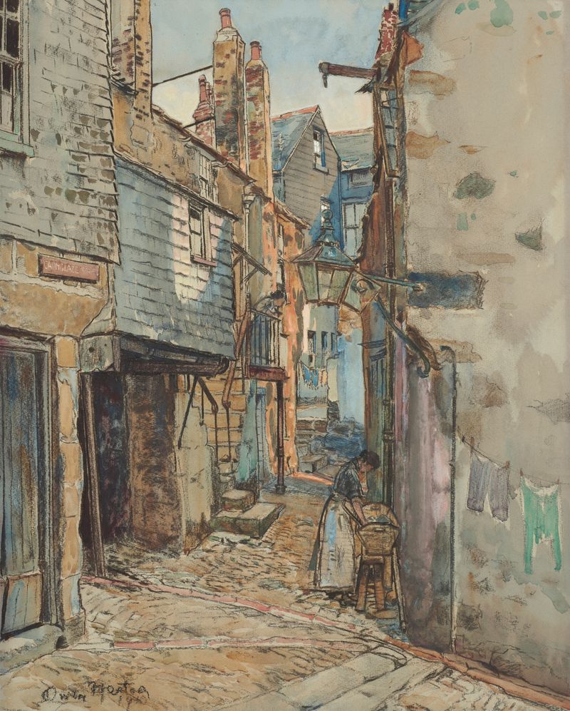 Carnglaze St. by Owen Merton, impressionism, depicting a winding street with cobblestones and shadows.