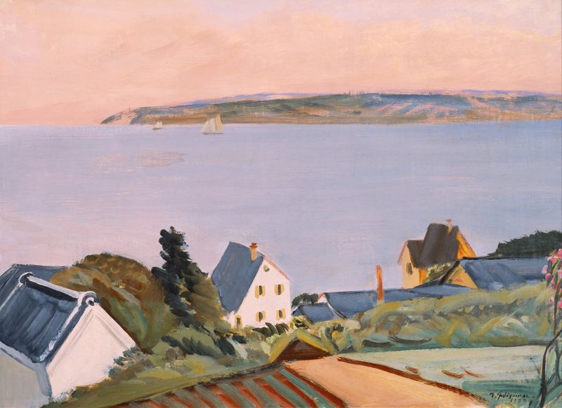 Distant View of Awajishima de Fujishima Takeji, impressionismo, retratando uma paisagem tranquila da ilha