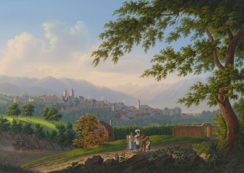 Paisagem da cidade de Lausanne por Johann Heinrich Bleuler the Younger, meio desconhecido.