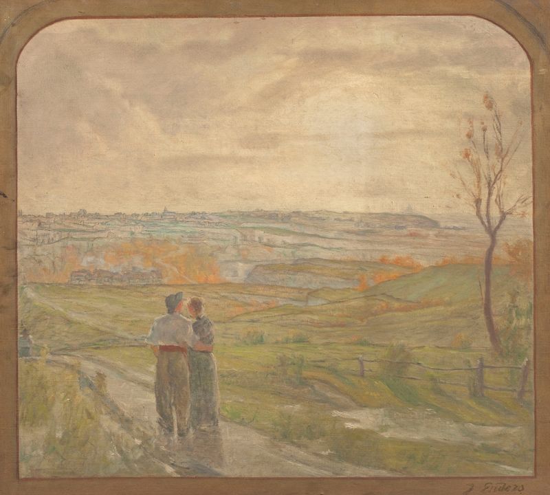 Paysage avec un couple marchant, óleo sobre lienzo de Jean Joseph Enders, que muestra a una pareja en un paisaje exuberante.