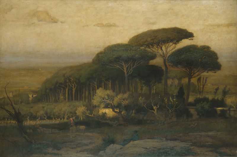 Pine Grove of the Barberini Villa, óleo sobre lienzo de George Inness, que representa un bosque sereno con luz dorada.