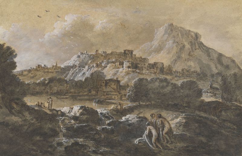 Mountainous river landscape with bathers, oil on canvas by Francesco Zuccarelli