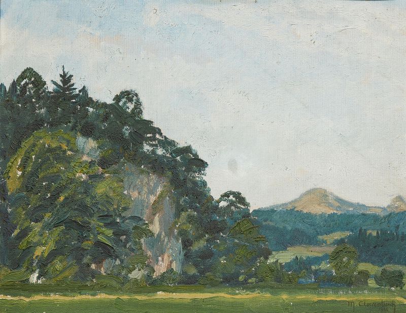 Aquarela de Max Clarenbach retratando uma paisagem montanhosa com um céu tempestuoso.