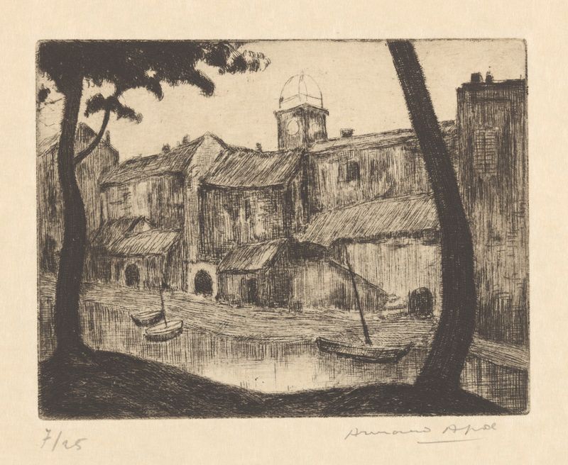 Saint-Marcel. Maisons au bord de l’eau de Armand Apol, óleo sobre tela que retrata uma vila tranquila à beira do rio.