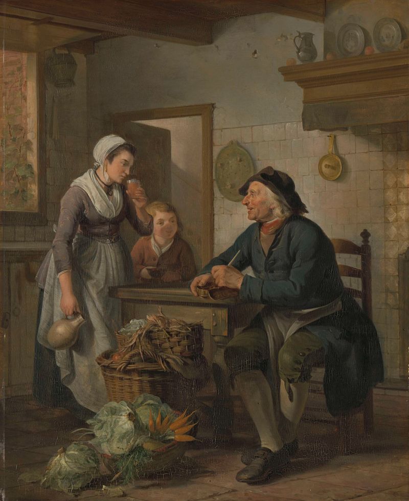 Morning Visit, oil on panel by Adriaan de Lelie, depicting a greengrocer and maidservant in a kitchen.