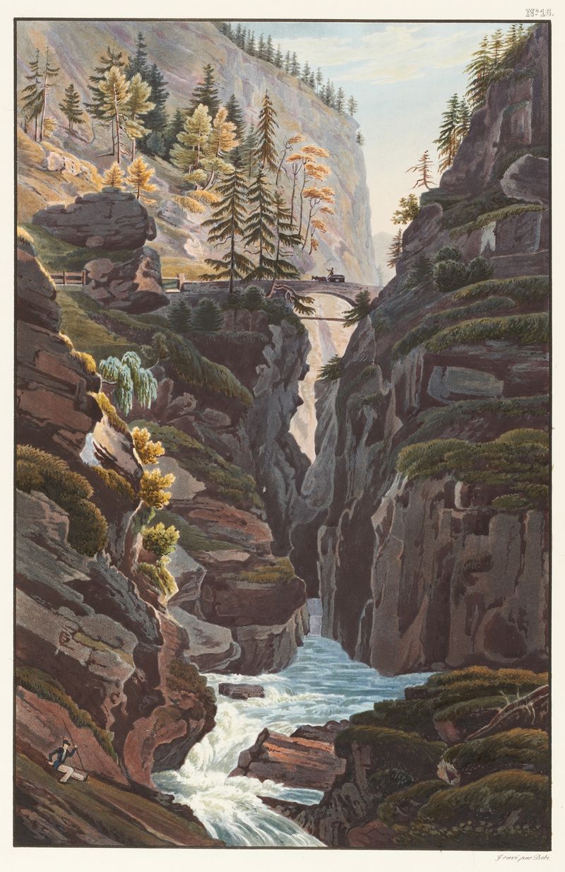 Le pont du milieu de la Via Mala by Johann Ludwig Bleuler, oil on canvas, depicting a bridge over a river.