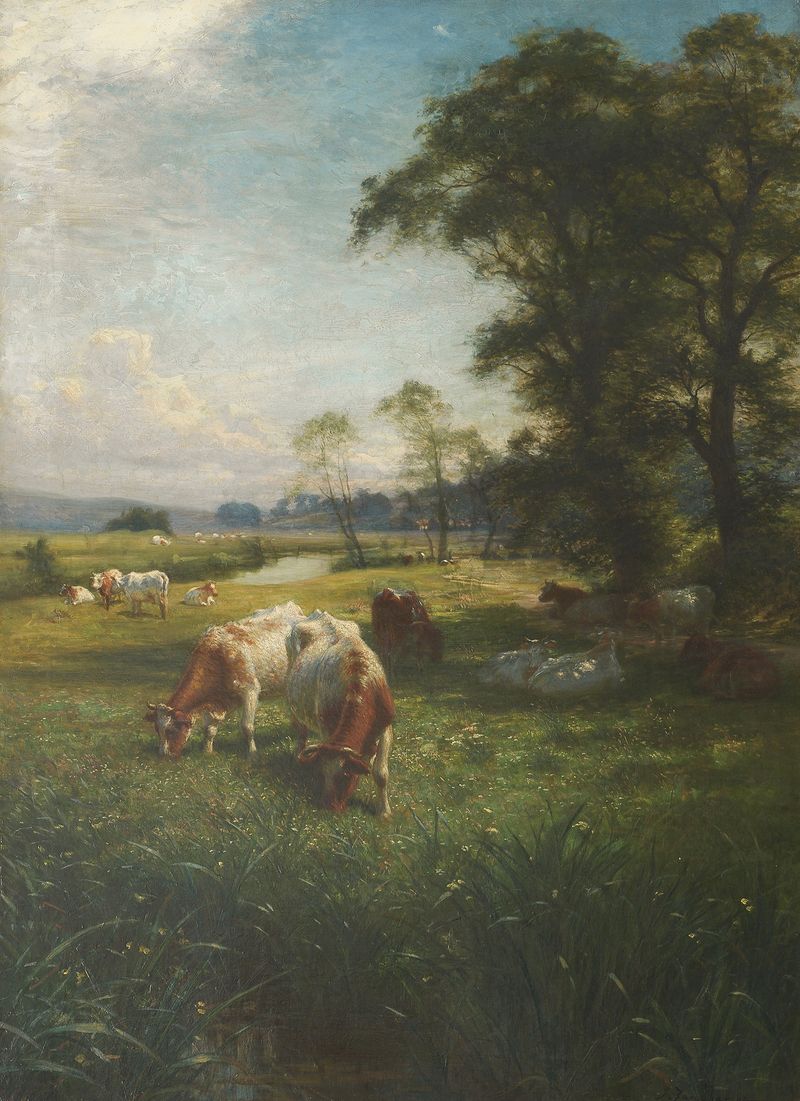 Cattle grazing in a tranquil landscape, oil on canvas by Joseph Farquharson