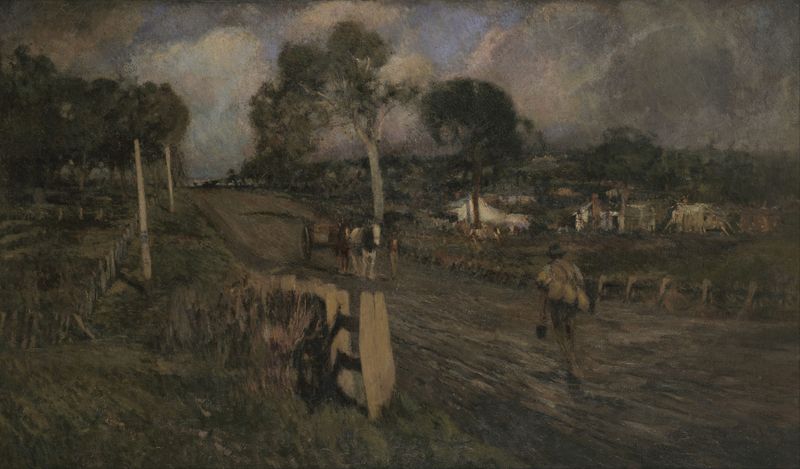 Pintura al óleo de paisaje de Walter Withers con luz dorada sobre un pueblo