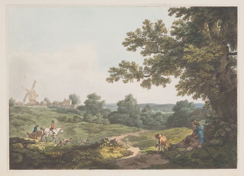 Pintura a óleo de paisagem de Philip James de Loutherbourg mostrando campos e árvores