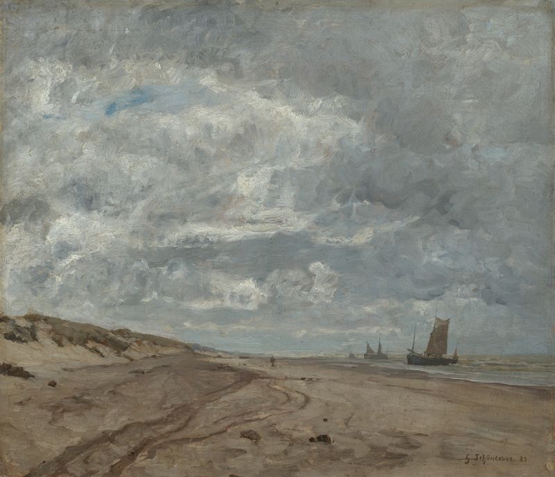 Pintura al óleo de olas y costa en el Mar del Norte por Gustav Schönleber