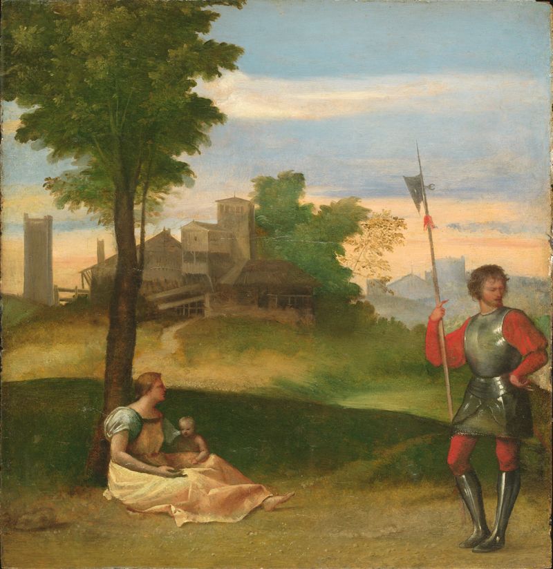 An Idyll de Titian, óleo sobre panel, que representa a una madre y un halberdier en un paisaje boscoso