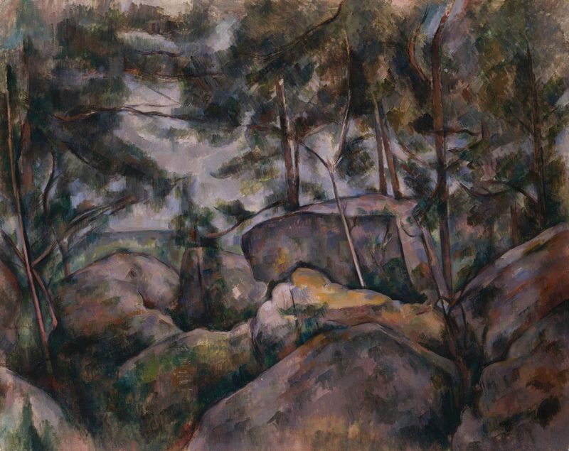 Rochas na floresta, pintura a óleo de Paul Cezanne