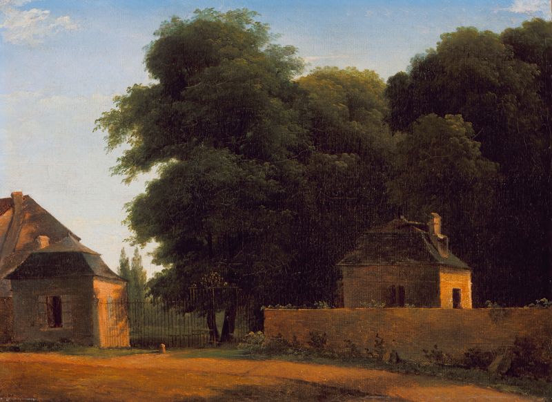 Entrada al Parque en St. Cloud, óleo sobre lienzo de Jean-Victor Bertin, que representa un paisaje sereno con árboles.