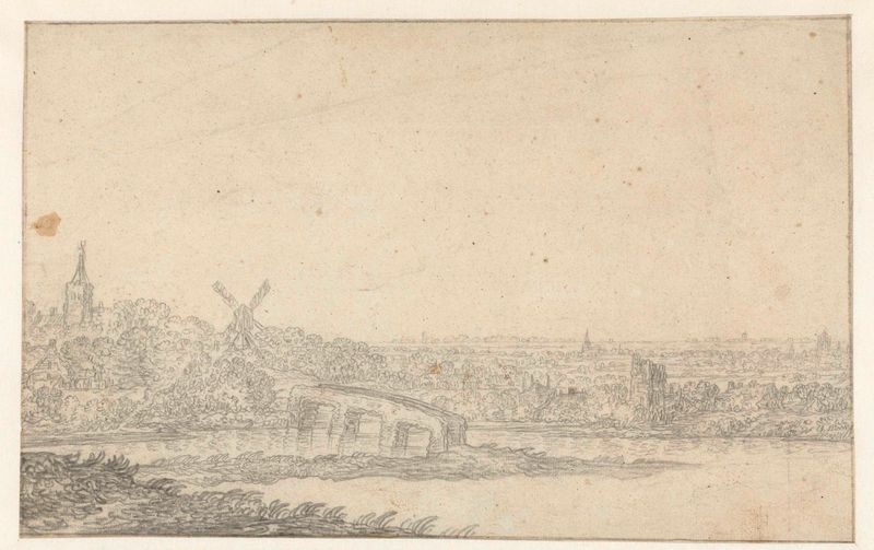 Paisagem com uma aldeia e uma ponte de pedra de Aelbert Cuyp, papel