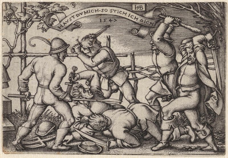 Grabado de Hans Sebald Beham que muestra a agricultores en una feroz lucha con espadas.