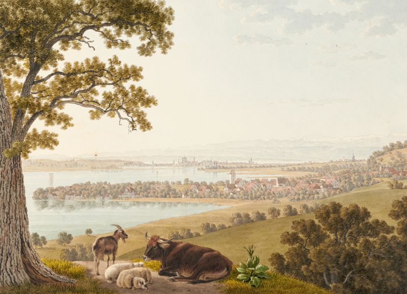Vista de paisagem com colinas onduladas em óleo sobre tela de Johann Jakob Biedermann