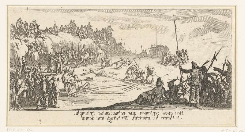 Kruisoprichting de Jacques Callot, grabado que muestra figuras en una escena de crucifixión.
