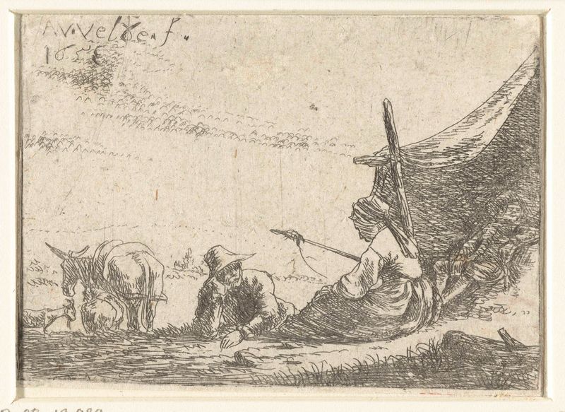 Spinning woman with two men by a tent, etching by Adriaen van de Velde
