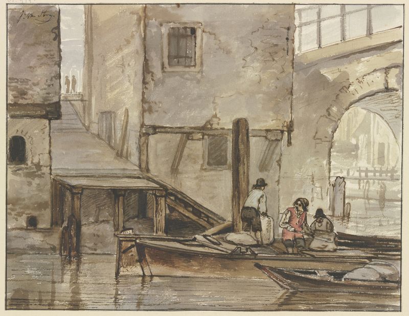 Gracht mit zwei Ruderbooten by Jacob van Strij, oil painting depicting boats on a calm canal
