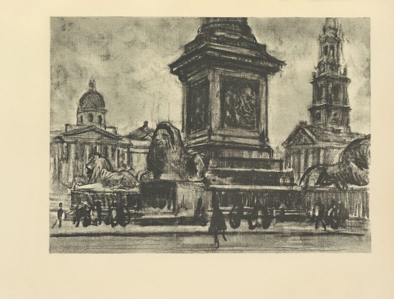 Lions, Trafalgar Square de Joseph Pennell, tinta sobre papel, representando leones majestuosos en Londres
