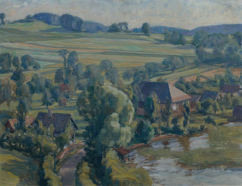 Paisaje con un lago y cielo, pintura al óleo de Walther Gamerith