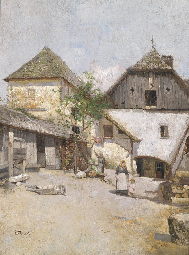 Landscape oil painting by Paul Unbereit featuring a farmhouse and serene backdrop.