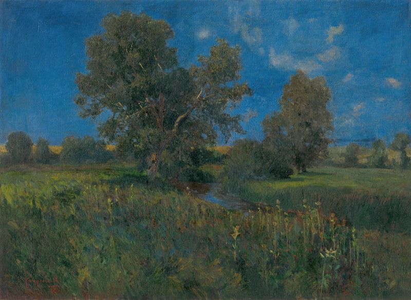 Post-Impressionism landscape by Karol Pongrácz, featuring rolling hills and a blue sky.