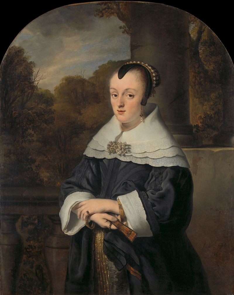 Retrato de Maria Rey de Ferdinand Bol, óleo sobre lienzo, mostrando ropa de seda y perlas