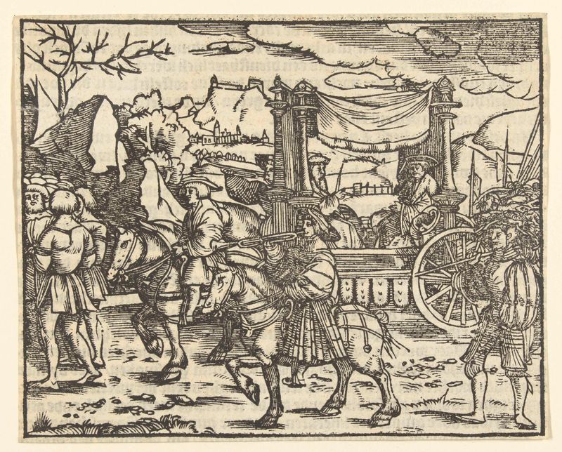 Escena histórica de dos figuras reales en un carro triunfal, papel, Unknown Artist