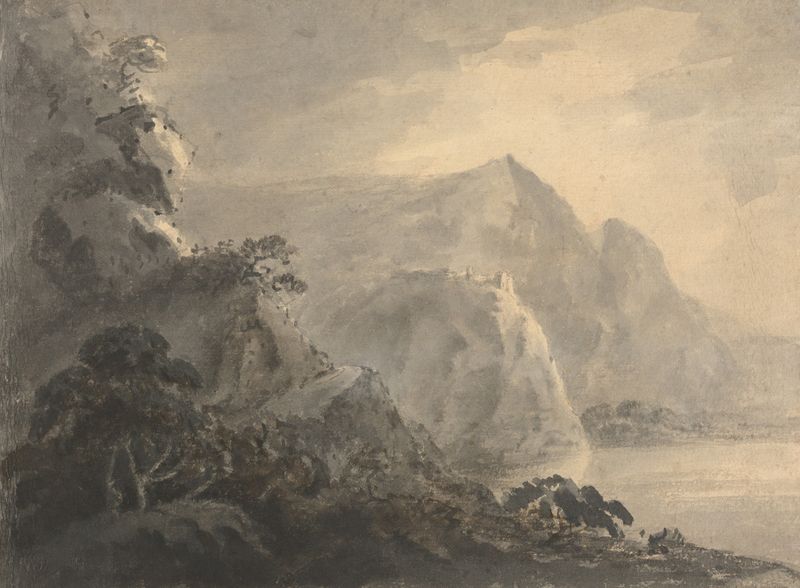 Paisaje con Colina, Lago y Figuras, pintura al óleo de William Gilpin