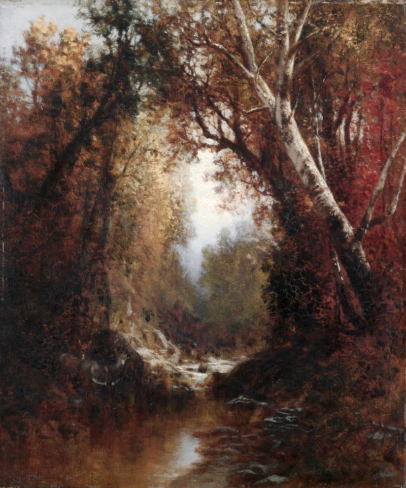 Autumn Scene in the Adirondacks, oil painting by William Hart, featuring vibrant foliage and a reflective lake.
