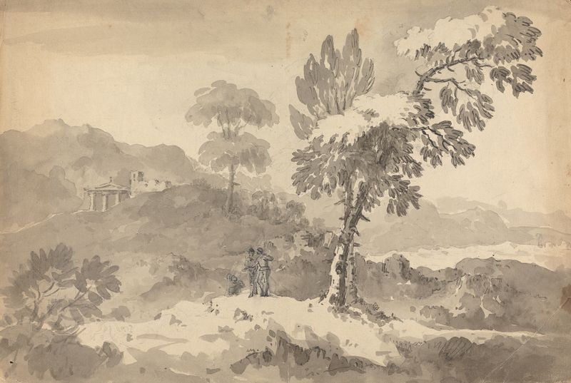 Três Figuras em uma Paisagem de William Gilpin, pintura a óleo mostrando figuras em um ambiente natural tranquilo.