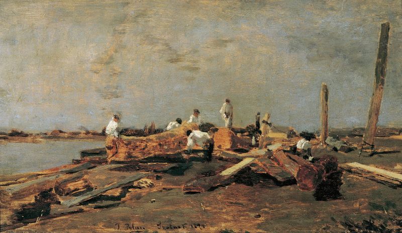 Figura solitaria en una balsa navegando el río Theiß, pintura al óleo de Tina Blau
