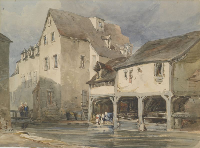 Acuarela de William Callow que representa un paisaje fluvial tranquilo con árboles.