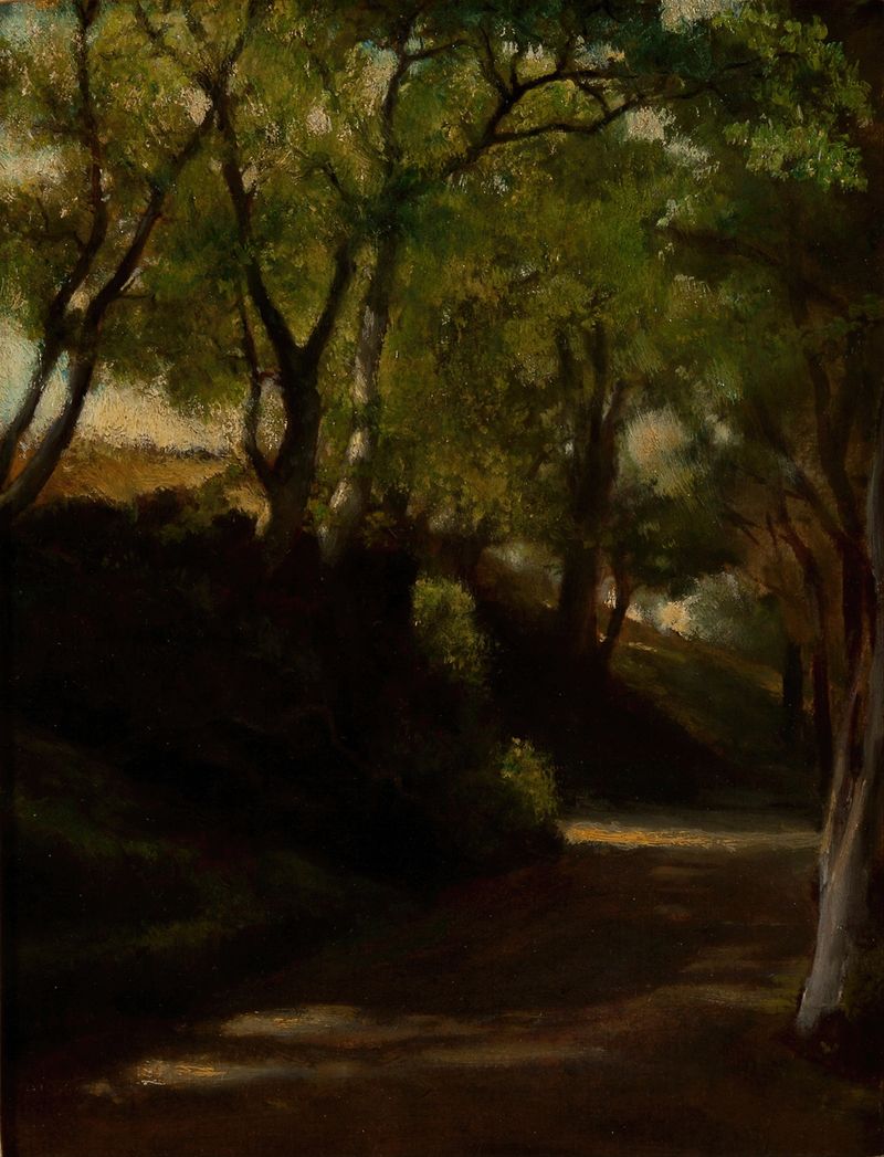 'The Glen' by John La Farge, landscape with trees and sunlight, oil painting