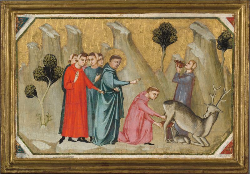 Saint Proculus Induces the Doe to give Milk to his Thirsty Companions, tempera on panel by Pacino di Bonaguida